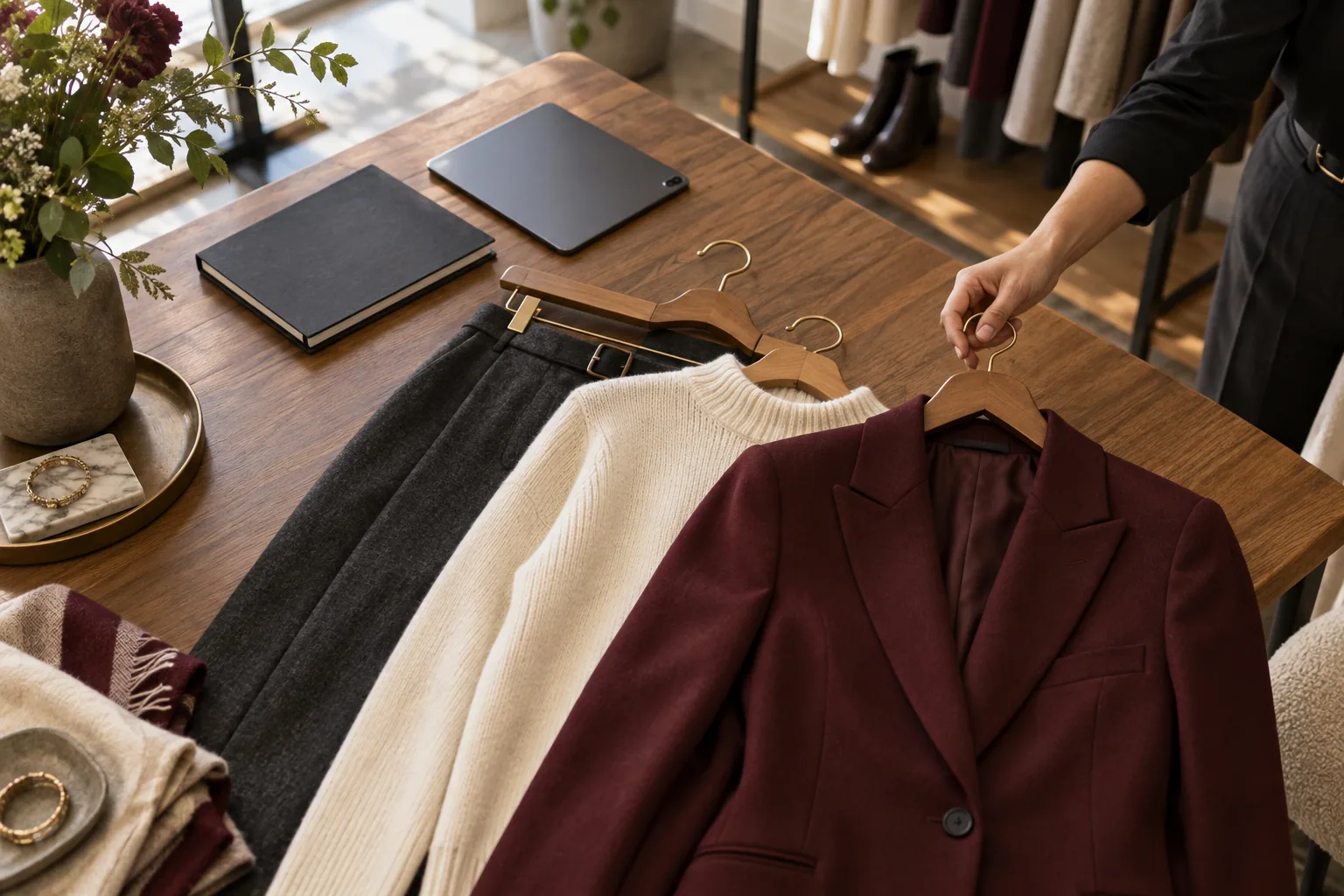 Prendas coordinadas junto a un cuaderno cerrado y una tableta