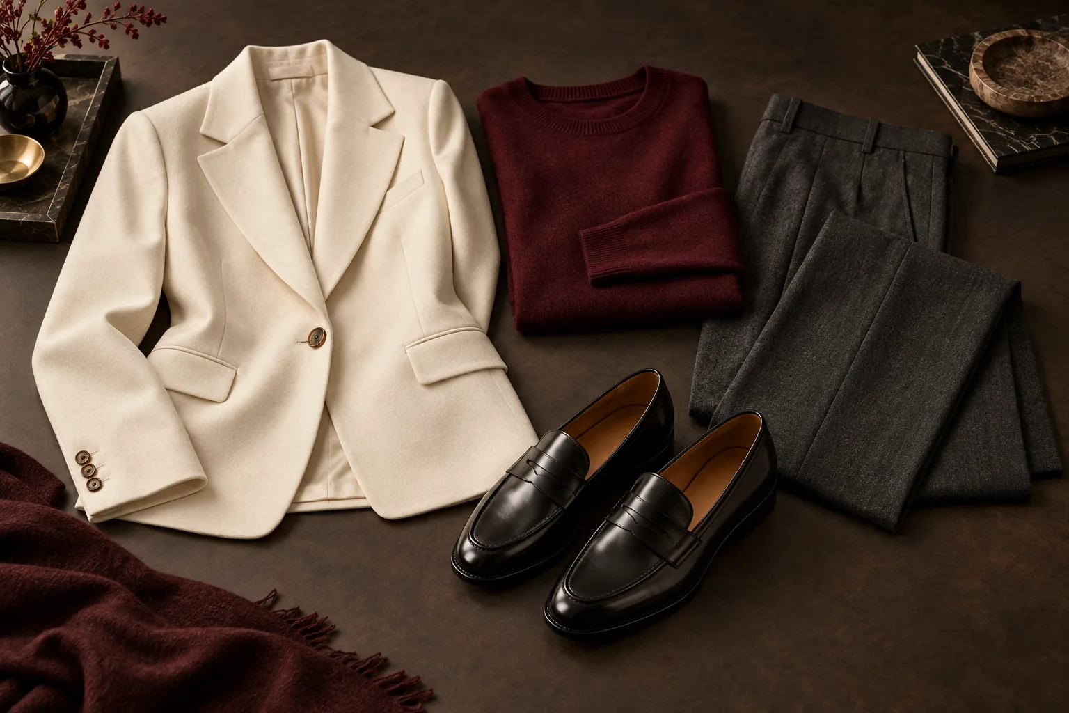 Americana crema, jersey burdeos, pantalón gris y mocasines negros forman un conjunto