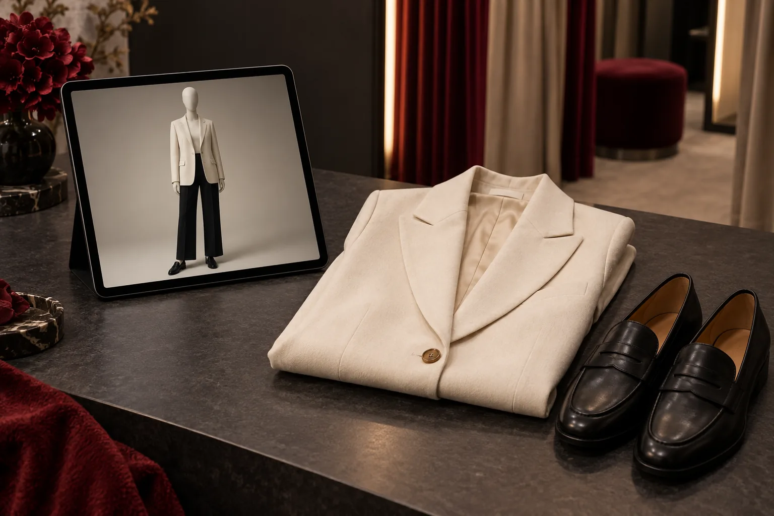 Un conjunto digital junto a una americana real y unos mocasines negros